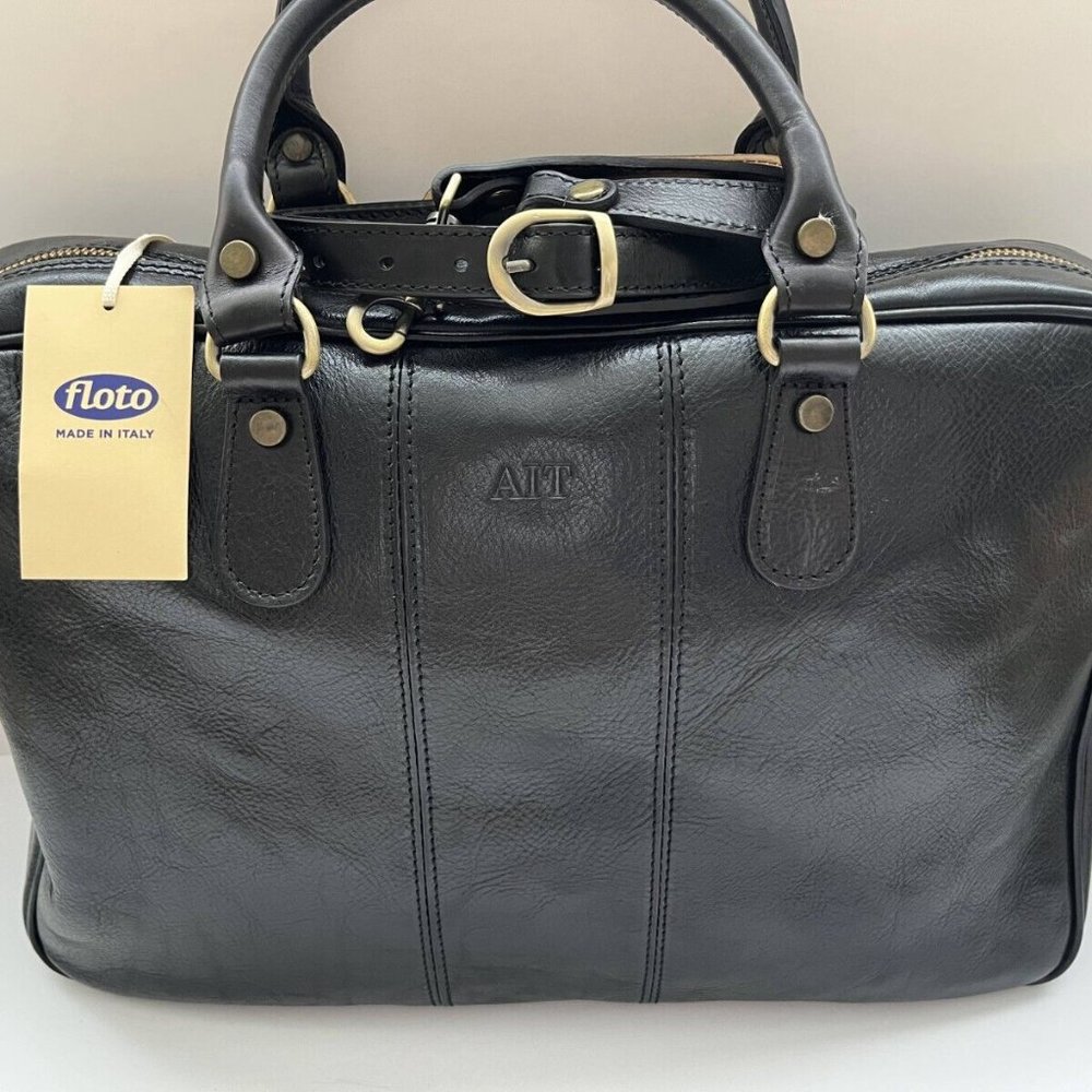 Floto Venezia Women Black Leather Boston Briefcase Attached Laptop Case w/ Strap